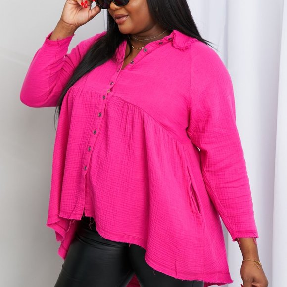 Zenana Women's Rolled Sleeve Round Neck Dress - Bright Pink, Large | Casual Short Sleeve Dress With Pockets